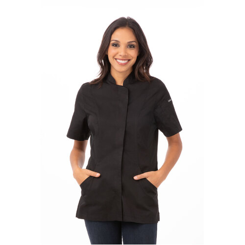 Roxby Black Chef Jacket, Short Sleeved with Metal Snaps, Women's