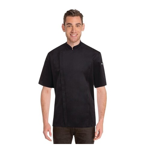 Cannes Black Chefs Jacket Short Sleeved with Metal Snaps